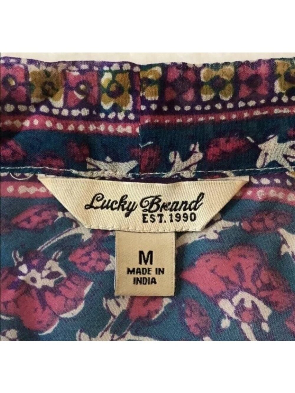 Lucky Brand Blouse Top Women Size M Purple Flower Bow Hippie Retro Boho Gypsy - Picture 10 of 12